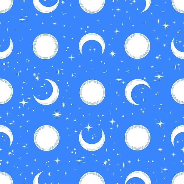 Blue seamless pattern with white sun and moon