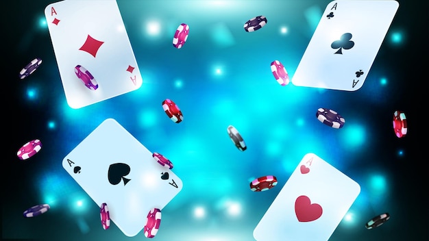 Blue shiny blurred background with flying playing cards and poker chips