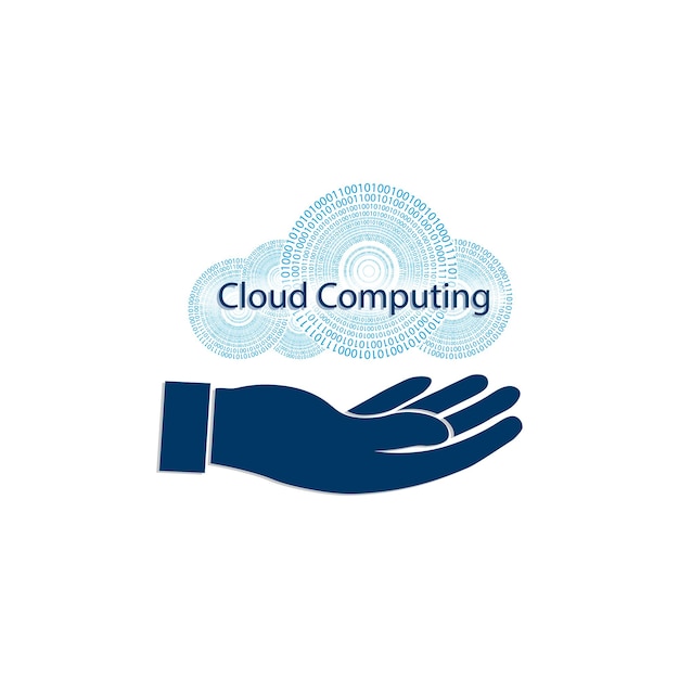 The blue sign with a silhouette of a computer cloud of numbers and hands