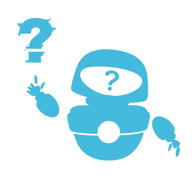 Blue silhouette cute white modern levitating robot waving hand and with question mark face