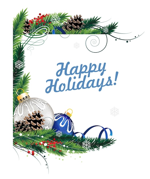 Blue and silver Christmas baubles with ribbon and fir tree branches on white background