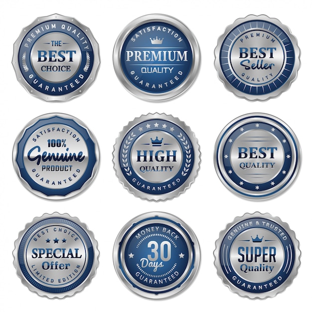 Blue and silver metal badges and labels collection