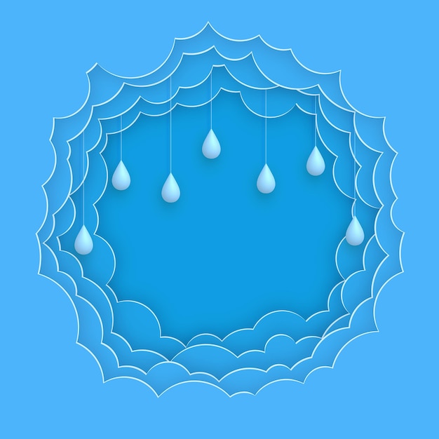 Blue sky background with paper clouds and 3d rain drops Paper cut and 3d cartoon style