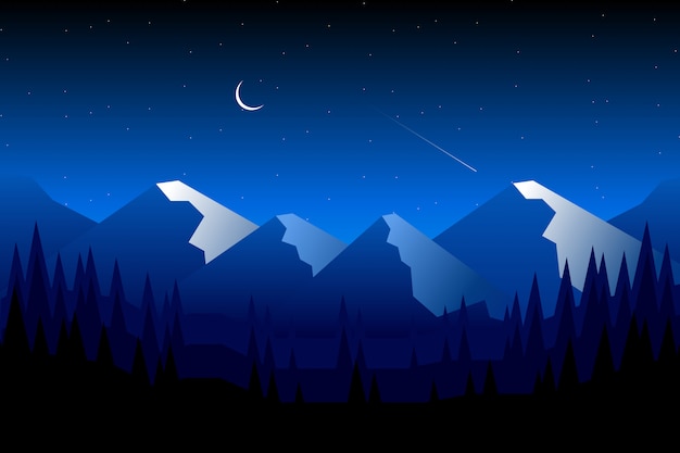 Blue sky night with mountain and silhouette pine forest landscape