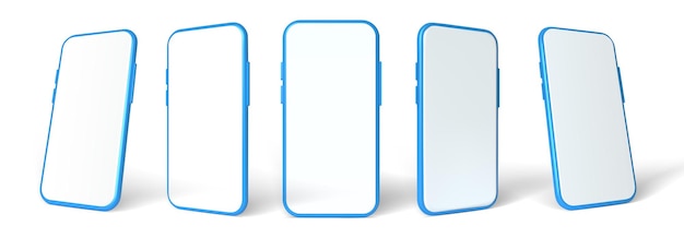 Blue smartphone mockup, 3D vector template set. Mobile phone front view on the white background.