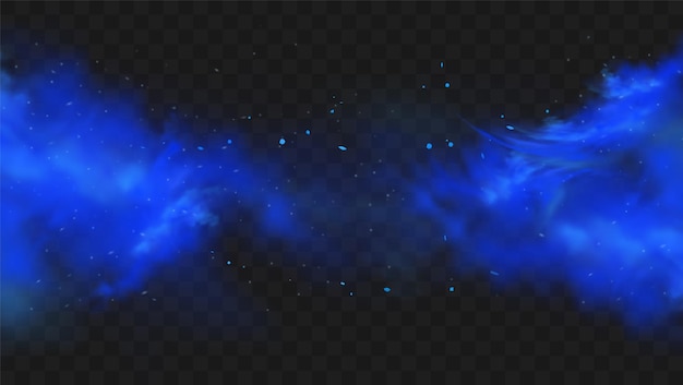 Blue smoke isolated on dark transparent background. Realistic blue magic mist cloud, chemical toxic gas, steam waves. Realistic vector illustration.