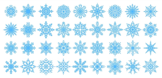 Blue snowflakes icons Christmas and New Year decorative elements for banners postcards and greetings Winter flakes textile template or Xmas presents wrapping paper Vector snow stars clip art set