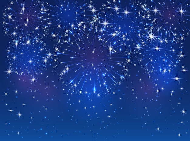 Vector blue starry fireworks on sky background, illustration.