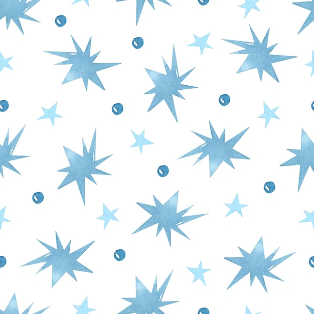 Blue stars and dots watercolor seamless pattern