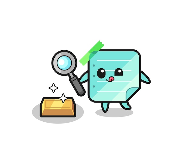 Blue sticky notes character is checking the authenticity of the gold bullion