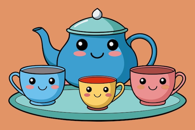 a blue teapot with three teacups on a table