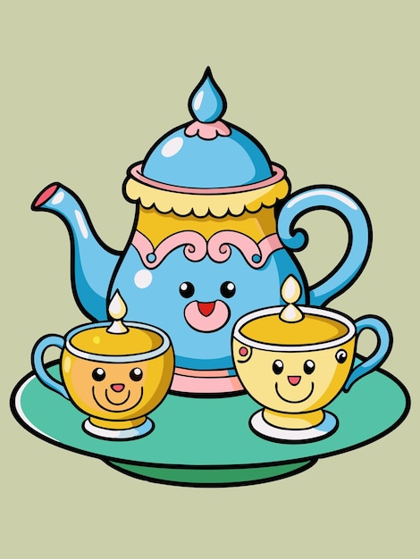 a blue teapot with two teacups on it