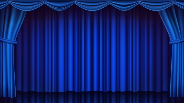 Blue Theater Curtain backdrop. Theater, Opera Or Cinema Closed Scene background. Realistic Blue Drapes Illustration