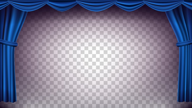 Blue Theater Curtain backdrop. Transparent Background For Concert, Theater. Opera Or Cinema Empty Silk Stage, Blue Scene. Realistic Illustration