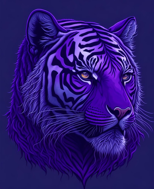 A blue tiger with a purple tiger face on a blue background.