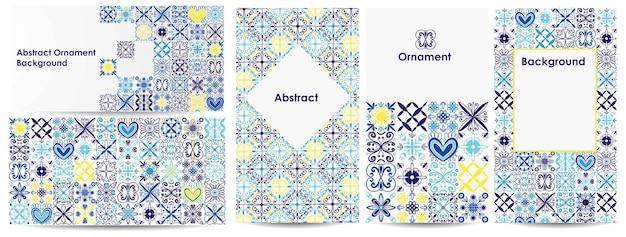 Blue tile background Hand drawn curve and floral mosaic Mediterranean or arabic ceramic Poster or banner Card or menu cover Notebook print copy space for text oriental decor vector illustration