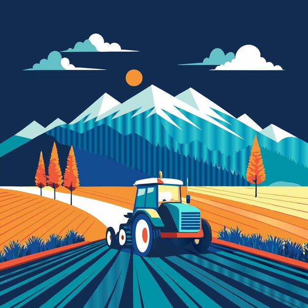 Vector a blue tractor is driving down a road in front of a mountain range