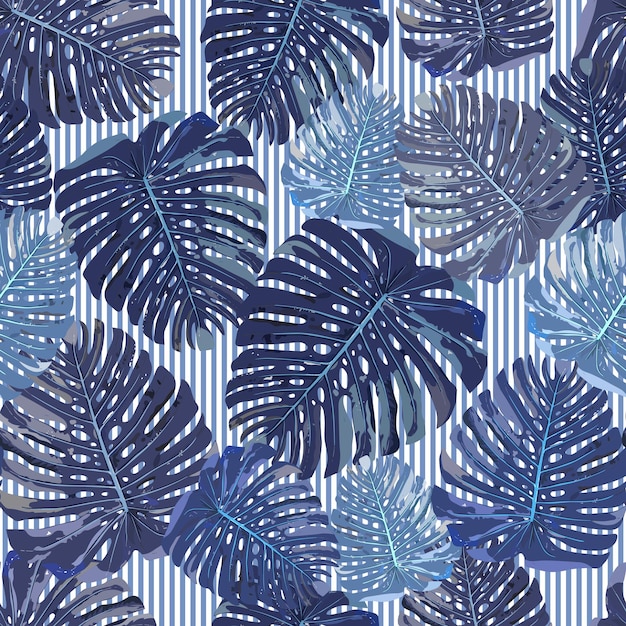 Blue tropical leaves seamless pattern on strips background Vect