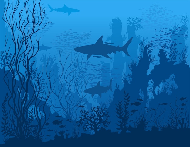 Blue underwater landscape with sharks, fishes, coral reefs, huge rocks and see weeds. Tropical undersea world. Vector detail hand drawn illustration of sea-life.