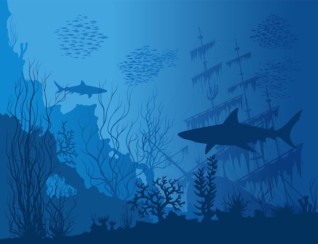 Blue underwater landscape with sunken ship, sharks and see weeds. Vector hand drawn illustration.