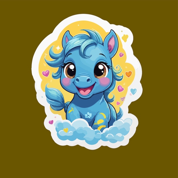 Blue Unicorn Sticker with Clouds and Hearts