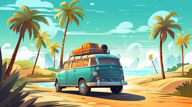 a blue van with luggage on top of it is traveling along a beach