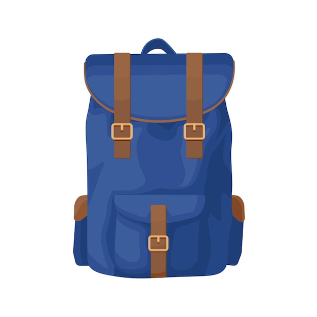 Blue vintage backpack with straps for hiking cartoon vector illustration Retro outdoor bag for tour