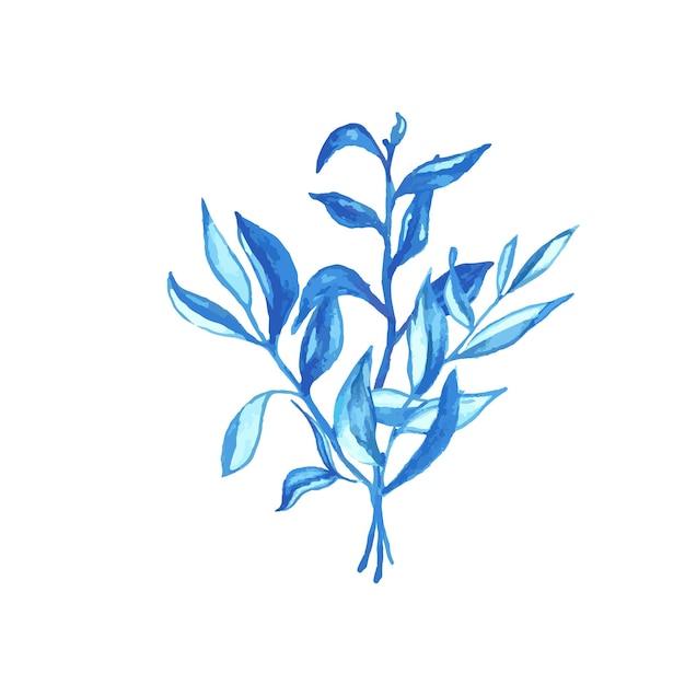 Blue watercolor leaves for card or invitations Hand drawn greenery bouquet vector isolated illustration