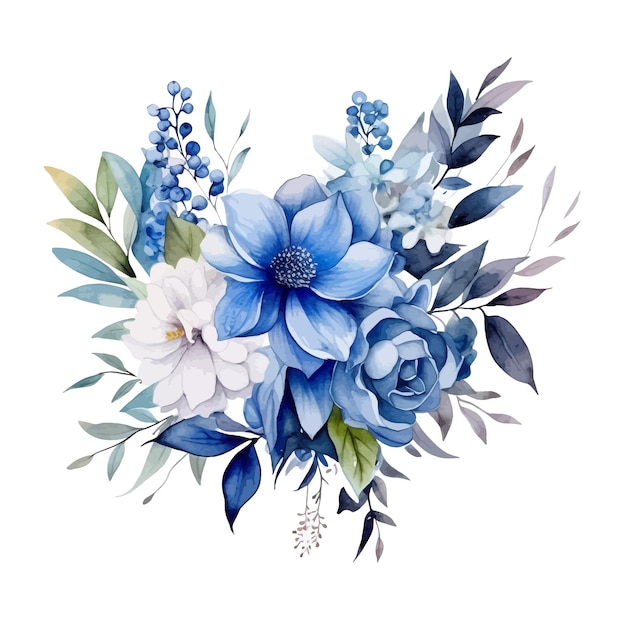 Blue Watercolor leaves and floral arrangement clipart