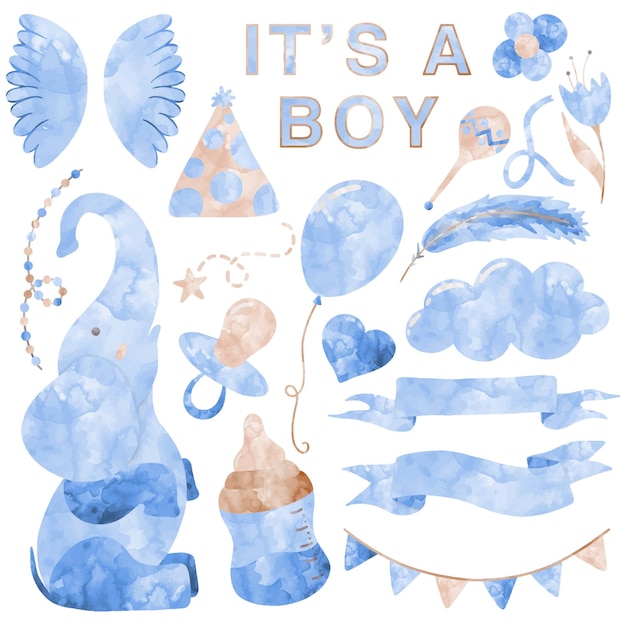 Blue watercolor vector set little boy birthday