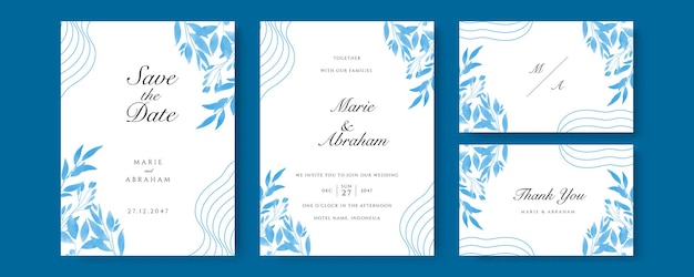 Blue watercolor wedding invitation card template set with gold glitter and line decoration. Abstract background save the date, invitation, greeting card, multi-purpose vector