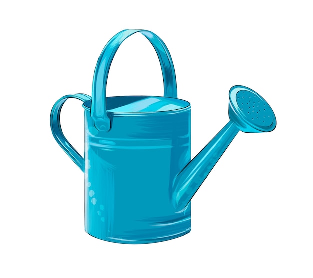 Blue watering can for watering flowers from multicolored paints Splash of watercolor