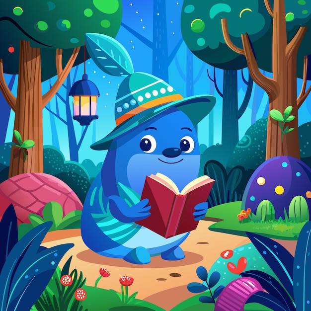 Blue Whale beneficent reading forest vector