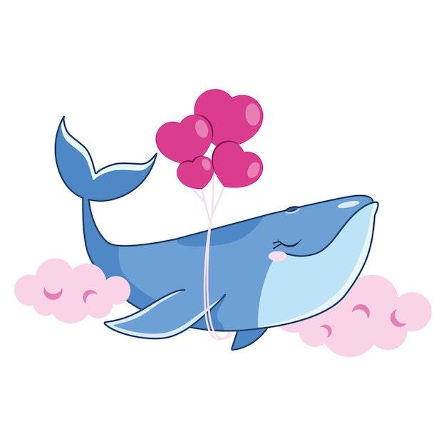 Blue whale in love flies on pink balloons in pink clouds