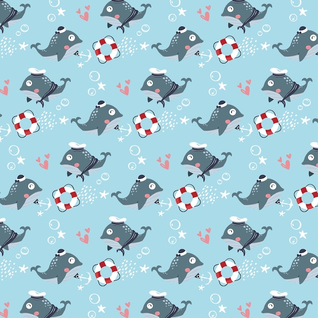 Blue whale Marine couple vector seamless pattern