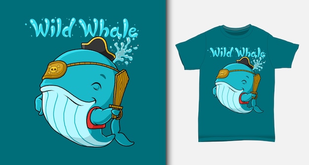 Blue whale pirate cartoon. with t-shirt design.