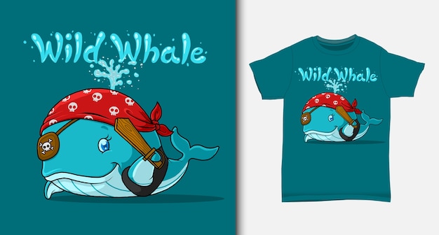 Blue whale pirate cartoon. with t-shirt design.