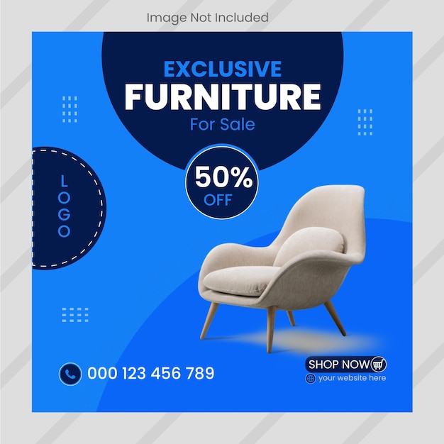 A blue and white ad for an image not included furniture