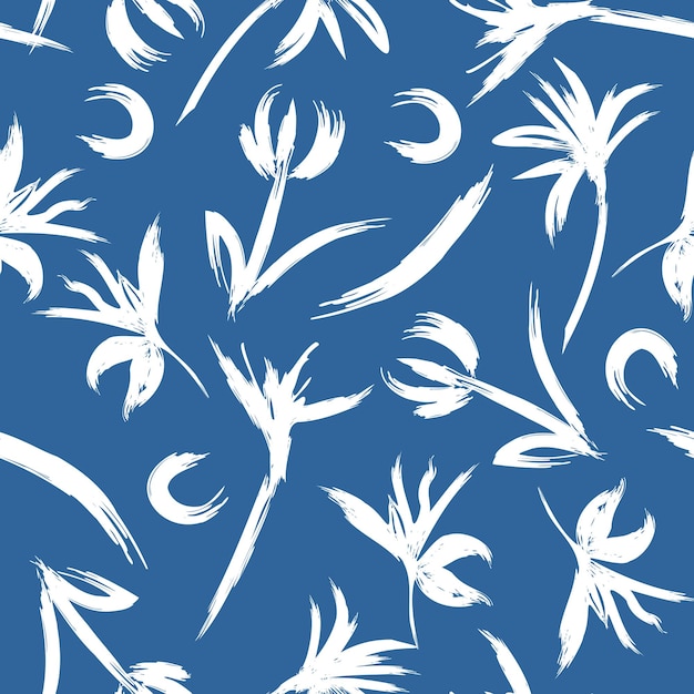 Blue and white Artistic hand paint lily flowers and botanical florals seamless pattern in vector hand brushed strokes design for fashionfabricwallpaperweb and all prints