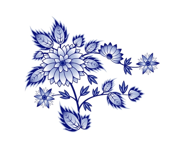 Blue and white bouquet of abstract flowers.  Design elements on a white background. Chinese style