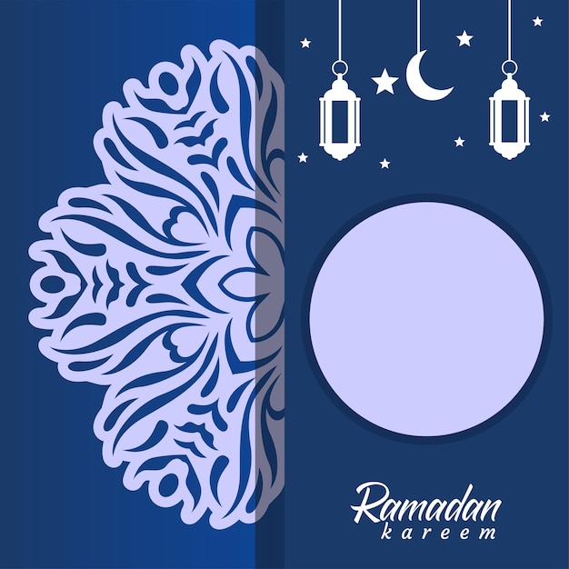 A blue and white card with a ramadan poem and a star and a crescent moon.