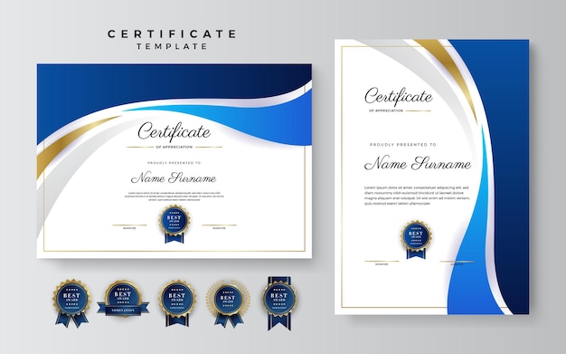 Blue and white certificate of achievement border template with luxury badge and modern line pattern For award business and education needs