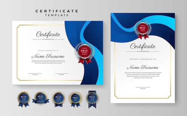 Vector blue and white certificate of achievement border template with luxury badge and modern line pattern for award business and education needs