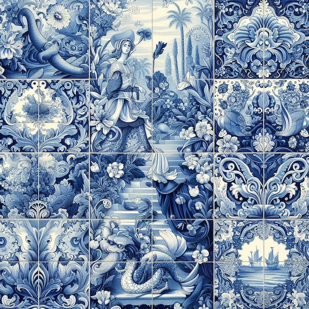 Vector blue and white delftware prints