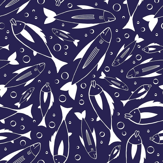 A blue and white fish pattern with many fish in it