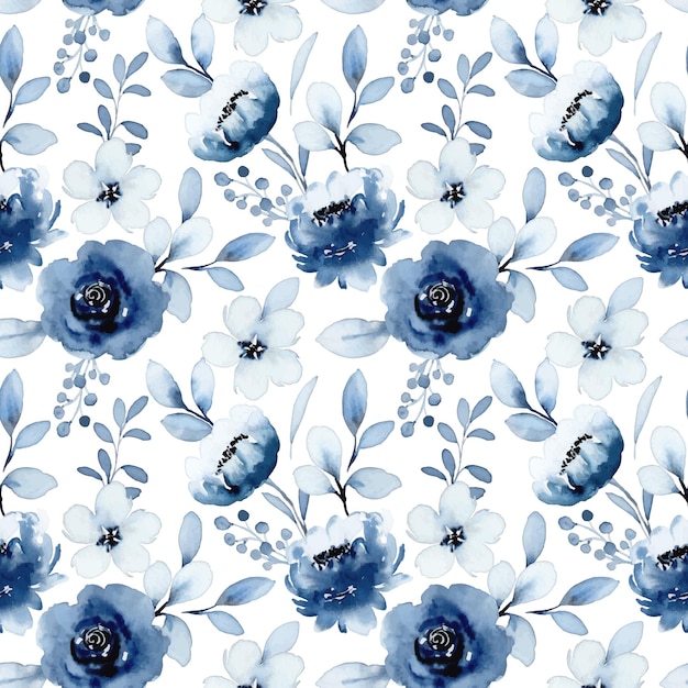 Blue white floral watercolor seamless pattern