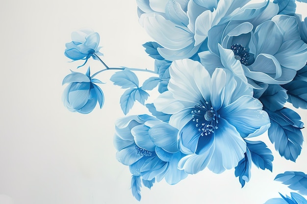 Blue and white flower painting in the style of precise and lifelike monochromatic paintings flat sha