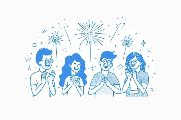 Blue And White Line Art People Illustration