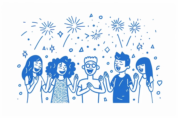 Vector blue and white line art people illustration