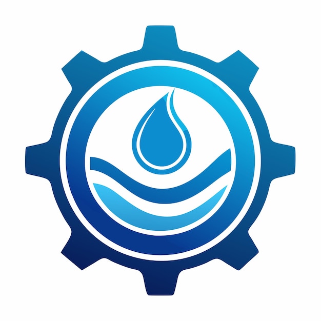 a blue and white logo with a water drop on it